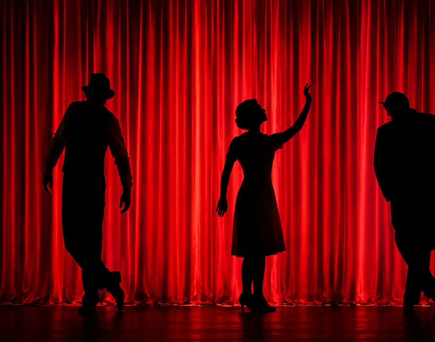 Acting coach helping performers build confidence and stage presence during a theater rehearsal.