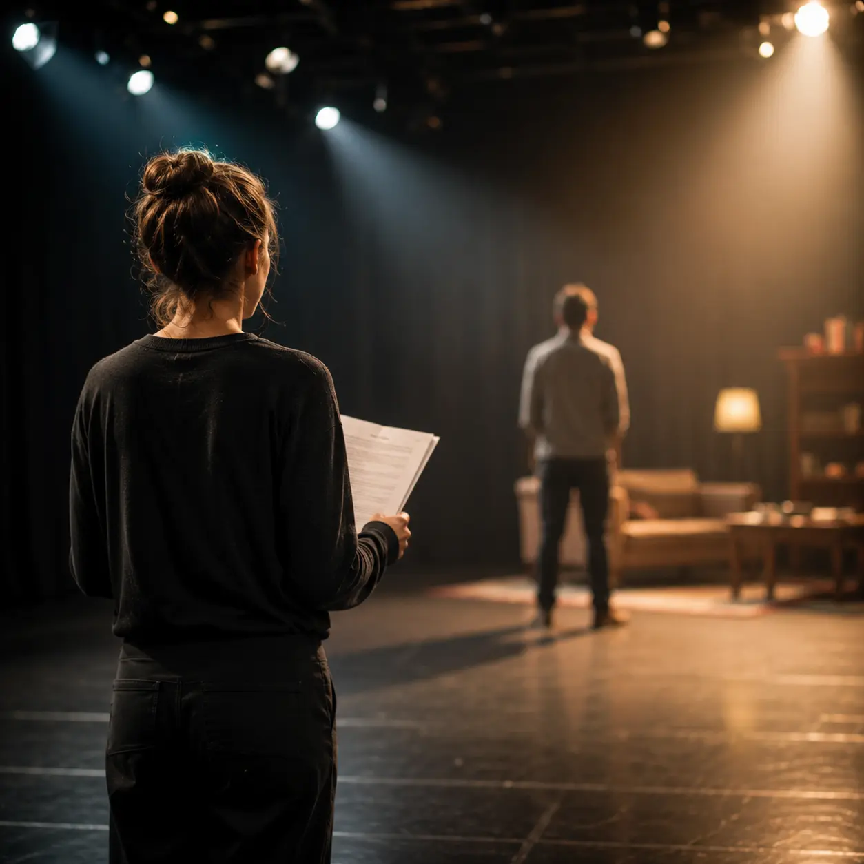 Actor rehearsing on stage during a private acting coach session, preparing for film, television, and live performance auditions