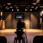 Professional film camera facing a theater stage with studio lighting during an acting audition rehearsal.
