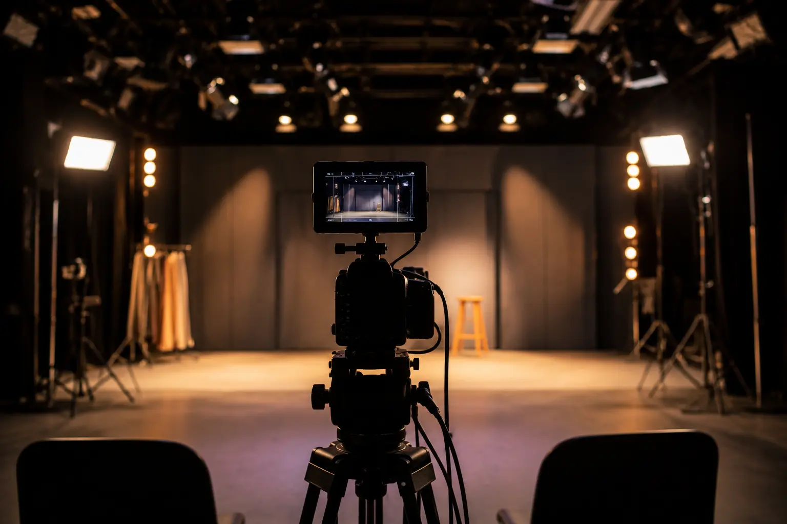 Professional film camera facing a theater stage with studio lighting during an acting audition rehearsal.