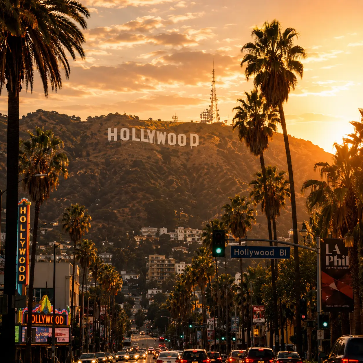Hollywood Hills and Los Angeles skyline at sunset, representing private acting coaching and the LA acting industry.