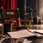 Director’s chair facing a dramatic red-lit stage with glowing screens and spotlights at an acting studio in Los Angeles, California.