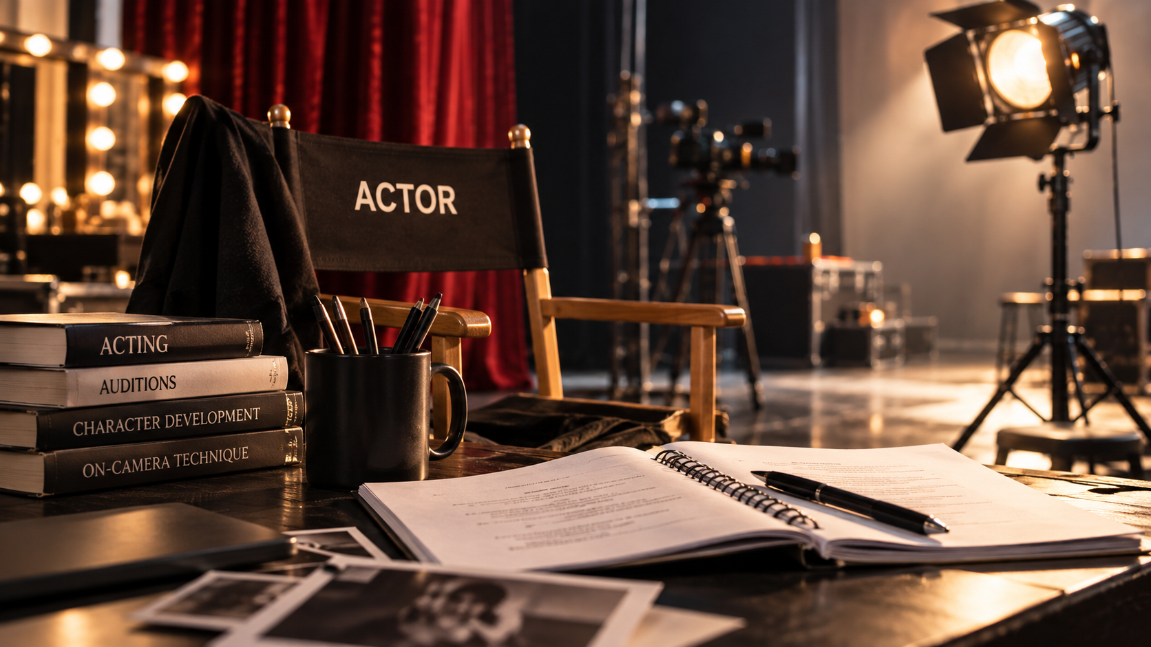 Acting scripts, training books, and studio equipment illustrating how to become an actor in Los Angeles