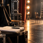 Actor’s director chair, script pages, and pen on a table backstage in a warmly lit theater, with stage lights, chairs, and red curtains in the background.