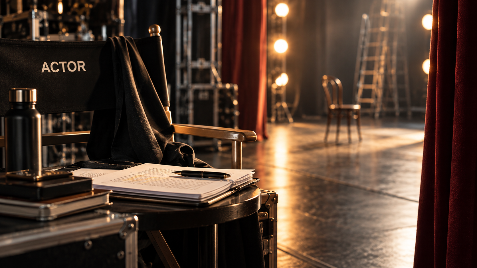 Actor’s director chair, script pages, and pen on a table backstage in a warmly lit theater, with stage lights, chairs, and red curtains in the background.